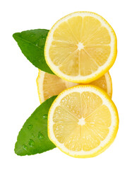 Front view of ripe yellow lemon fruit or slices in three circles with green leaves isolated with...