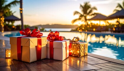 Tropical Christmas Gifts by the Pool at Sunset