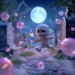 A playful mummy chasing a butterfly through a moonlit graveyard