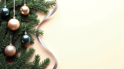 Elegant Christmas background with lush green pine branches decorated with classic glass balls and light cream text field. Perfect for holiday banners and greetings.