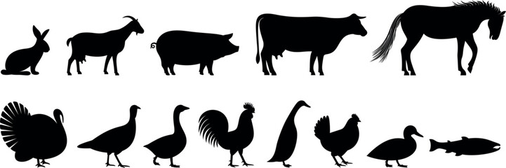 Farm animals silhouette. Isolated farm animals on white background