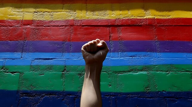 Raised fist against a backdrop of a pride flag.
