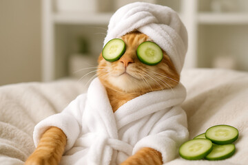 Funny orange cat relaxing in bathrobe with cucumber slices on eyes in spa environment international cat day