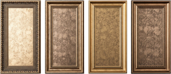 Four ornate picture frames with textured inserts gold and bronze tones antique design isolated for graphic resource use transparent background