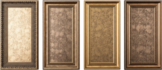 Four ornate picture frames with textured inserts gold and bronze tones antique design isolated for graphic resource use transparent background