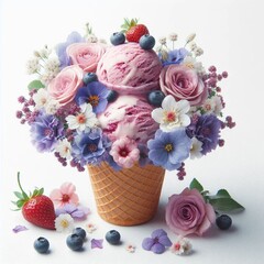 Ice cream with flowers and berries on a white background