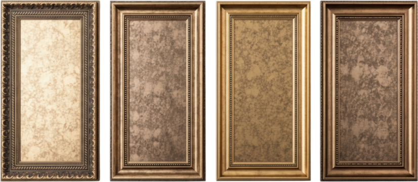 Four ornate picture frames with textured inserts gold and bronze tones antique design isolated for graphic resource use transparent background