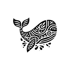 Modern tribal whale head with tail motifs