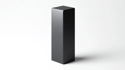 Flat-Bottom Pouch, A hyper-realistic 3D product  of a single, box-like, flat-bottom pouch made of metallic black foil. The pouch is standing upright, showing its rectangular base. 
