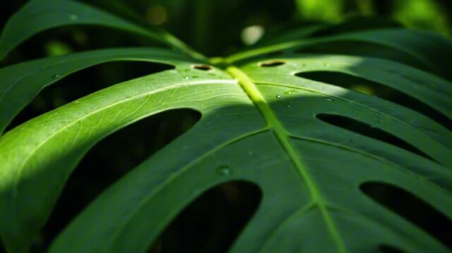 Closeup of a Monstera leaf highlighting its distinctive fenestrations vibrant green color and prominent central vein under natural light