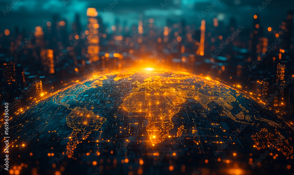 Poster digital world map with glowing connectivity network and city lights representing global technology a