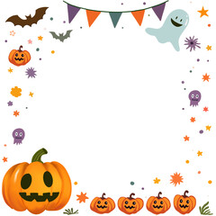  Halloween pumpkin pile, ghost and bat - border