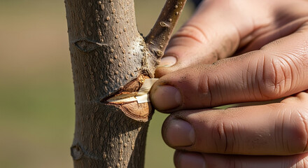 Close-up of hands grafting a bud onto a tree branch, showing the precise cut and insertion for plant propagation and cultivation.