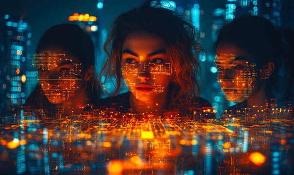 Futuristic concept of three focused young women analyzing holographic digital data and city map overlays at night for technology innovation and AI planning platforms