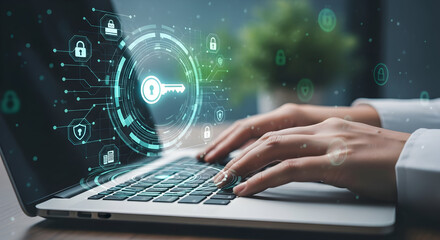 Person Using Laptop with Virtual Lock on Screen Representing Digital Security and Online Protection