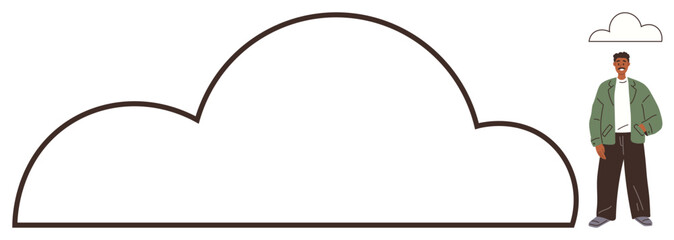 Man in casual attire next to large cloud shape, symbolizing growth, creativity, or digital storage. Ideal for technology, innovation, imagination, sustainability, future connection minimalism
