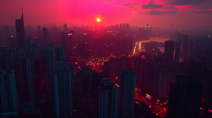 Fototapeta premium Vibrant city at night illuminated by colorful lights and skyscrapers against a starry night sky