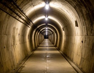 Long tunnel, concrete walls, lit path