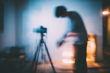 Blurred image of photographer adjusting tripod camera visible focus motion and light anonymized creative professional scene