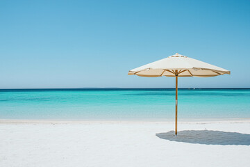 Beige Beach Umbrella on White Sand with Blue Ocean – Summer Coastal Scene