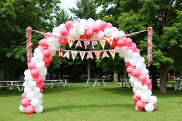 A big arch made of balloons and tinsel stands in a park, with a "Happy Birthday" banner on flags above it. Picnic tables and trees are in the background