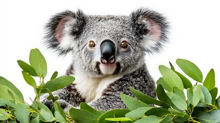Fototapeta premium Close-up of a koala surrounded by eucalyptus leaves.