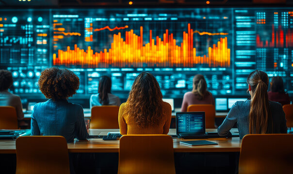 Team of diverse business professionals analyzing real-time data visualizations on large digital screens in modern control room setting for strategic decision making and risk assessment