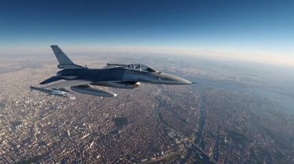 Modern Fighter Jet Flying Over Urban Landscape at High Altitude