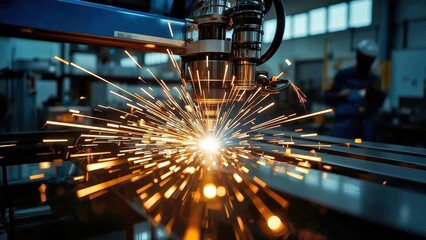 Laser Welding Machine. Industrial robotic arm welding metal with brigh