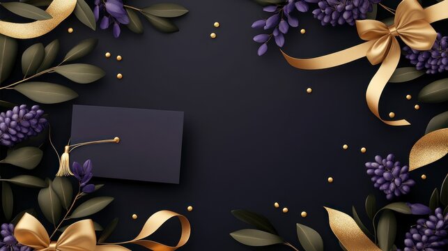 Dark background with graduation cap, ribbons, flowers, and leaves.  Elegant, sophisticated, and celebratory design.  Flat lay style.