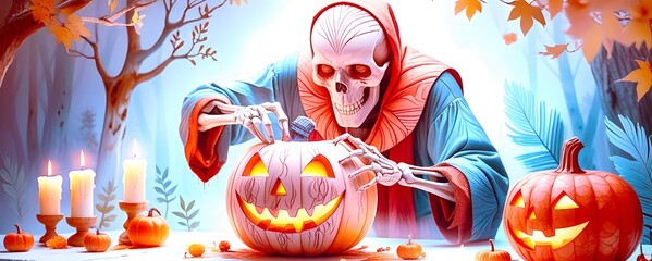 Minimalist boho Halloween decor with vintage pumpkins and mystical skull. Skeleton Carving Halloween Pumpkin in Mystical Glowing Forest Scene