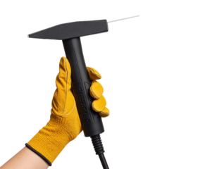 Hand holding welding torch with protective glove isolated on white background