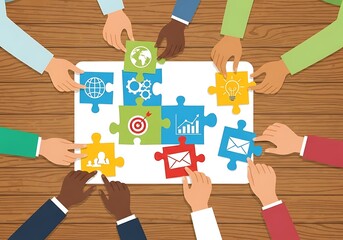 Diverse Team Solving Puzzle with Business Icons