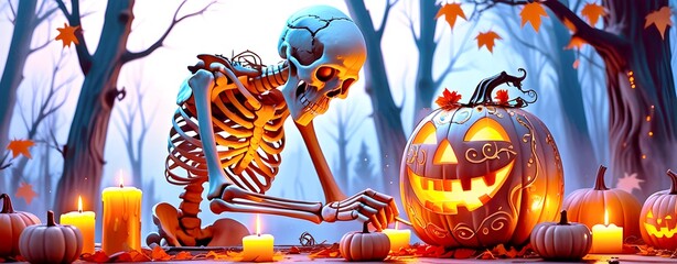 Minimalist boho Halloween decor with vintage pumpkins and mystical skull. Eerie Skeleton Carves Pumpkin on Halloween Night in Dark Forest