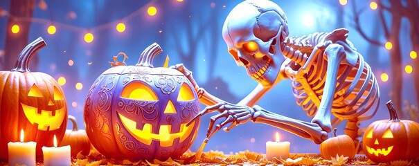 Minimalist boho Halloween decor with vintage pumpkins and mystical skull. Eerie Skeleton Carving Pumpkins in Spooky Blue Glow Scene