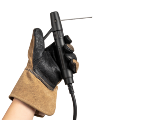 Hand holding welding torch with protective glove isolated on white background