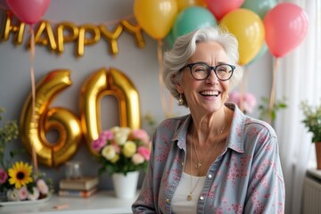 A smiling old woman celebrates her 60th birthday in a room filled with balloons, flowers, and large "60" numbers behind her