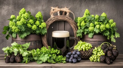 Fototapeta premium Dark beer in a mug surrounded by fresh green plants, hops, and grapes on a rustic wooden table.