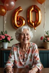 A smiling old woman celebrates her 60th birthday in a room filled with balloons, flowers, and large "60" numbers behind her