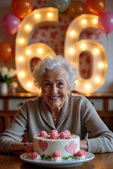 A smiling old woman celebrates her 60th birthday in a room filled with balloons, flowers, and large "60" numbers behind her