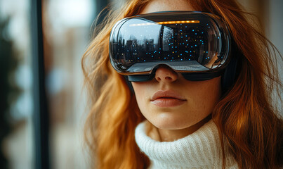 Close up woman with red hair using futuristic virtual reality headset indoors high tech digital experience