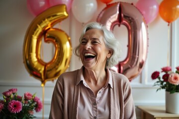 A cheerful elderly woman laughs in a festively decorated room, surrounded by balloons, flowers, and giant "60" numbers