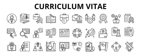 30 Curriculum Vitae Line Icons Vector - Profile photo, Personal information, Education, Certification, Portfolio, Soft skill, Achievement 