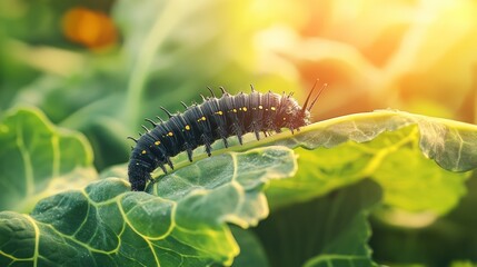 Dark caterpillar crawls on vibrant green leaf in a sunlit field.