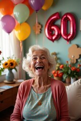 A cheerful elderly woman laughs in a festively decorated room, surrounded by balloons, flowers, and giant "60" numbers