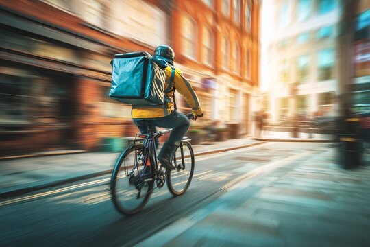 Blurred urban photo of delivery rider parking bike back facing camera action anonymity in one frame modern gig worker