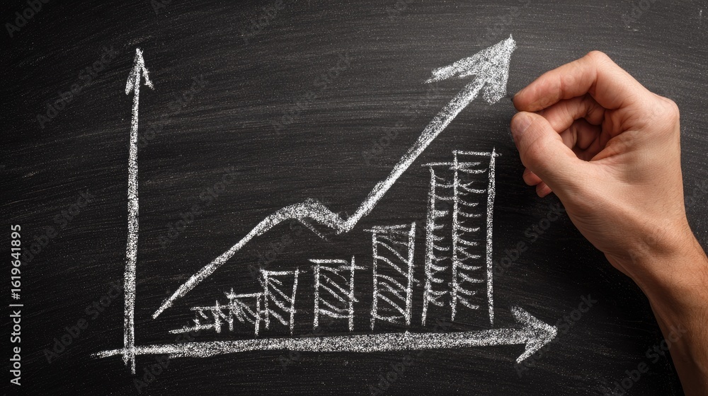 Poster analyzing business growth strategies hand-drawn graphs on chalkboard visual content indoor environme