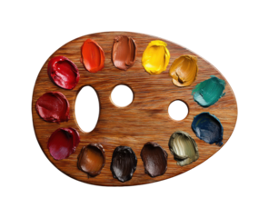 Creative session paint palette bright colors overhead view artistic expression isolated on transparent background, png