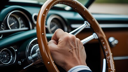 A man’s hand gripping a steering wheel of a classic car 