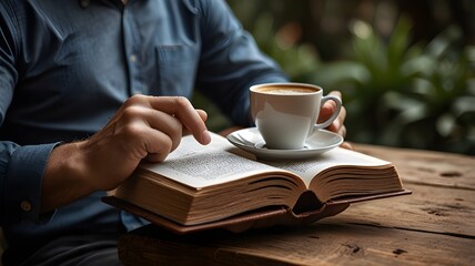 Close-up of man's hands holding a book and coffee 